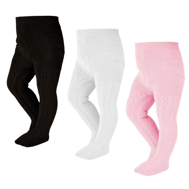 EPEIUS Infant Girl Tights Baby Girl Seamless Cable Knit Leggings Solid Cotton Stockings Footed Pants for 6-12 Months 3 Pair Pack,Black/White/Pink - Image 1